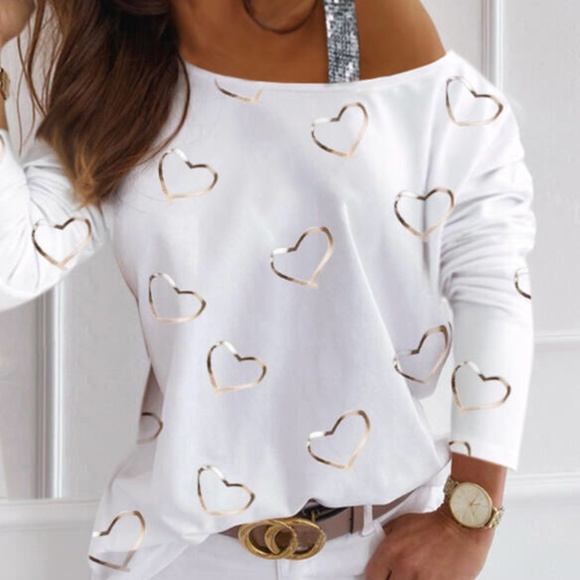 - HP💝Print sequin heart one shoulder blouse … - Picture 2 of 6
